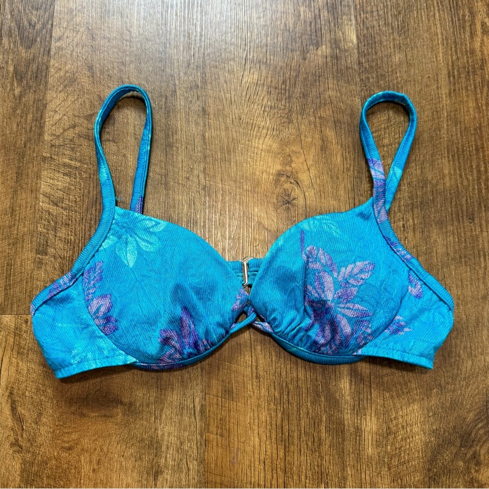 Vtg Athena Shimmer Floral Bikini Top Sz 10 Turquoise Blue Beach Resort
